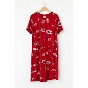 Donna Vintage Cape Cod Aesthetic Shift Dress Linen Red White S Short Sleeve